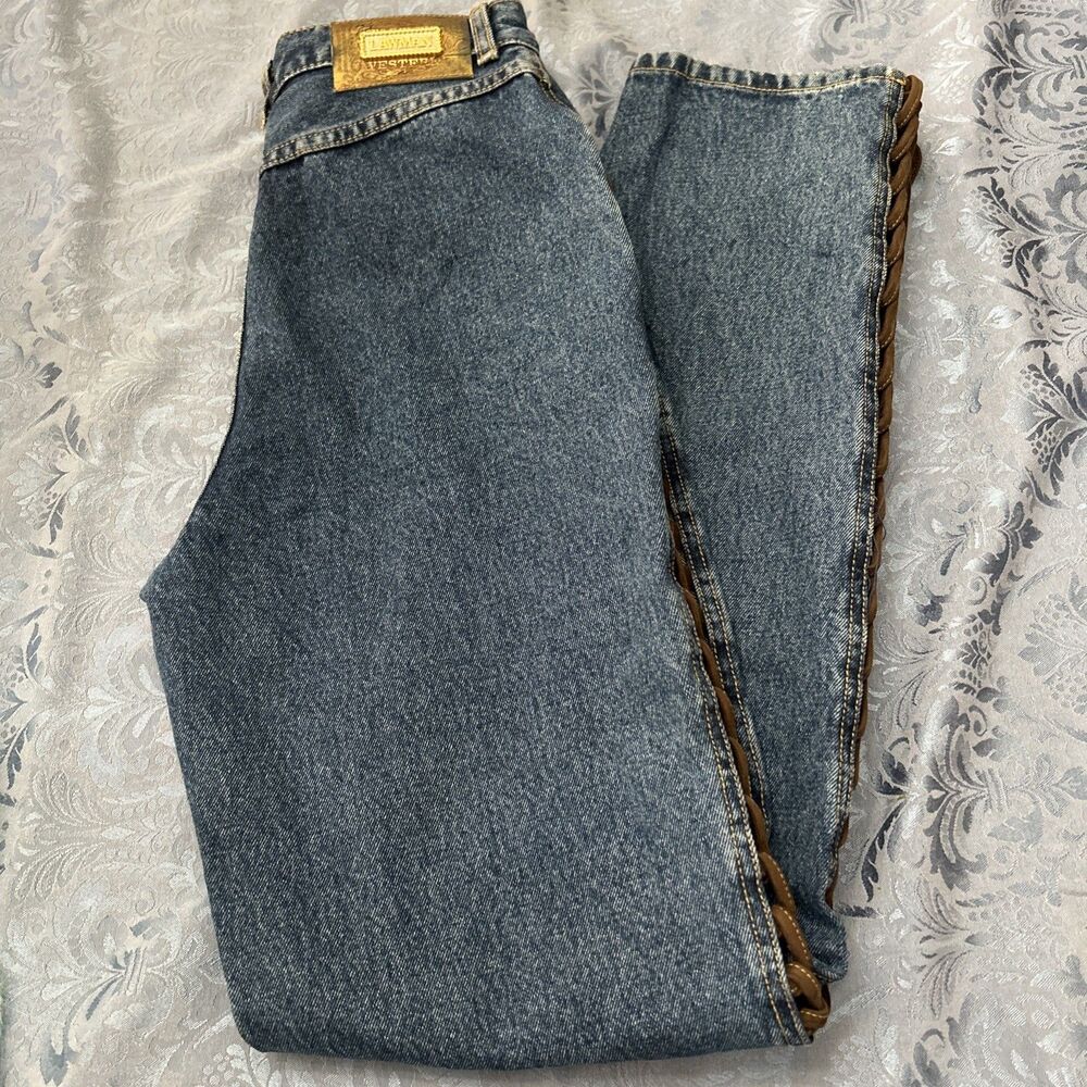 Vintage Lawman Western Jeans Womens Size 11 Blue Denim Slim Fit Lace Up Cut Out